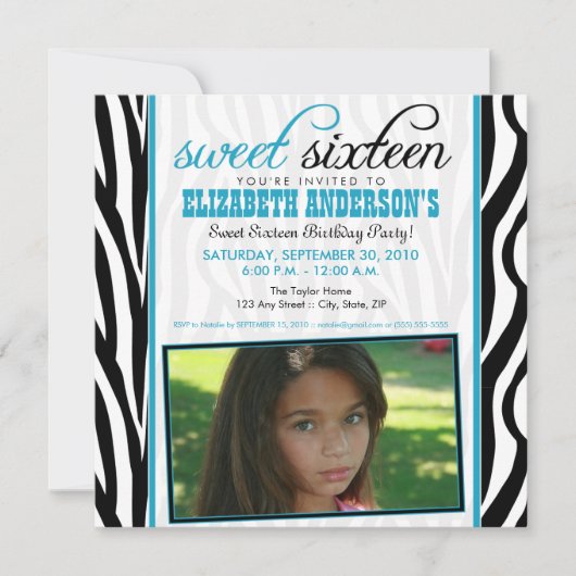 Zebra Print Sweet 16 Party Invitation (bleu aqua) (Devant)