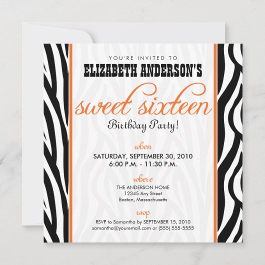 Zebra Print Sweet 16 Party Invitation (orange) (Devant)