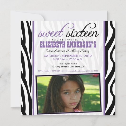Zebra Print Sweet 16 Party Invitation (violet) (Devant)