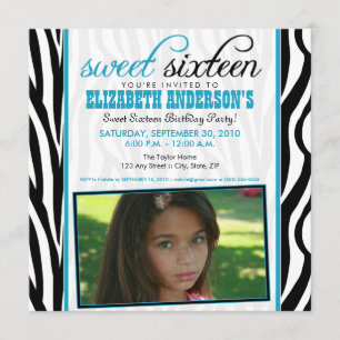 Zebra Print Sweet 16 Party Invitation (waterblauw) Kaart