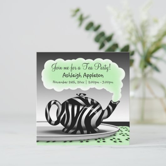 Zebra Print Teapot Tea Party invitations (Debout devant)