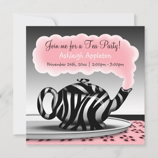 Zebra Print Teapot Tea Party uitnodigingen (Voorkant)