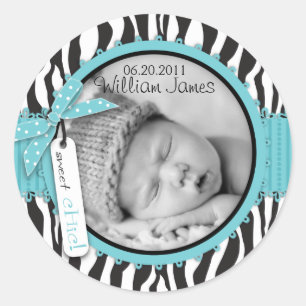 Zebra Print Turquoise Accent Birth Announding Ronde Sticker