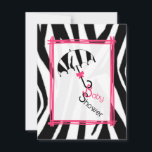 Zebra Print Umbrella Baby shower Invitation<br><div class="desc">Une invitation baby shower avec un arrière - plan d'impression zébrée et une section centrale en rose vif sur l'avant et l'arrière. Caractéristiques avant illustration d'un parapluie imprimé zèbre avec arc rose sur la poignée. Le texte "Baby shower" est suspendu à la poignée. Personnalisez le côté opposé avec les détails...</div>