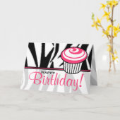 Zebra Print Verjaardag Kaart met Roze Cupcake (Gele Bloem)