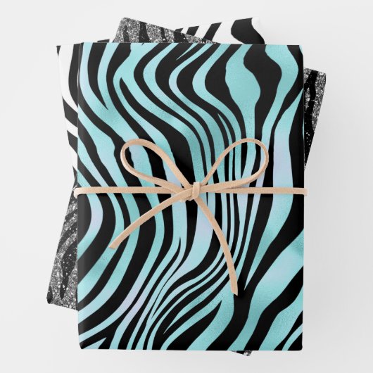 Zebra Print Zwart en Blauwgroen Turquoise en Wit Inpakpapier Vel (In situ)