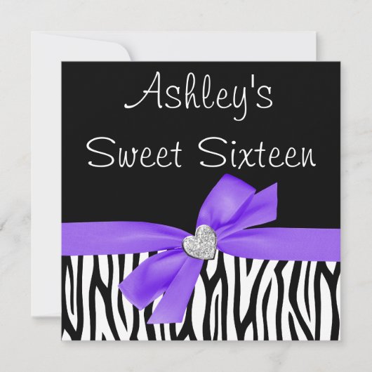 Zebra Purple Bow Diamond Sweet 16 Invitations (Devant)