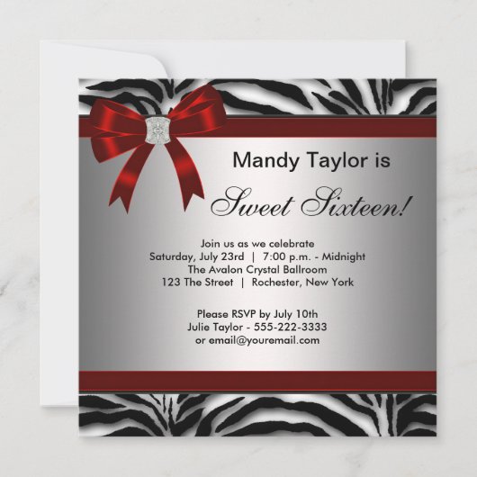 Zebra Red Bow Fancy Sweet Sixteen Kaart (Voorkant)