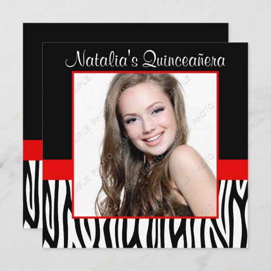 Zebra Red Photo Quinceanera Invitations (Devant / Derrière)