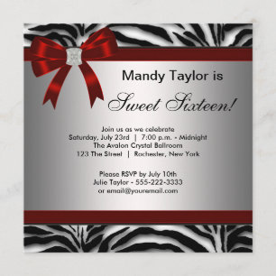 Zebra Rode Boog Fancy Sweet Sixteen Kaart
