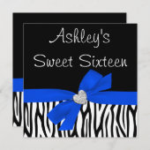 Zebra Royal Blue Bow Diamond Sweet 16 Invitations (Devant / Derrière)