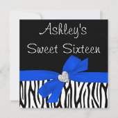 Zebra Royal Blue Bow Diamond Sweet 16 Invitations (Devant)
