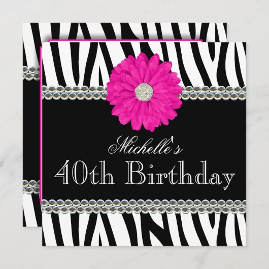 Zebra Roze Daisy Gedrukte Pareltjes 40e verjaardag Kaart (Voorkant / Achterkant)