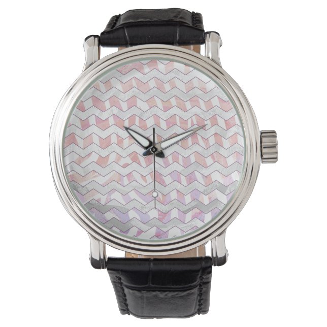 Zebra Roze en witte Chevron Horloge (Voorkant)