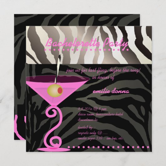 Zebra/roze martini Bachelorette Party Kaart (Voorkant / Achterkant)