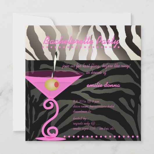Zebra/roze martini Bachelorette Party Kaart (Voorkant)