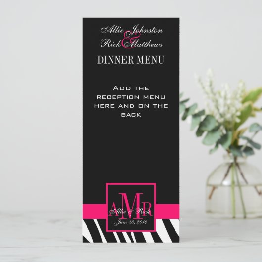 Zebra Roze monogram van het Menu van de bruiloft (Staand voorkant)