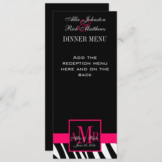 Zebra Roze monogram van het Menu van de bruiloft (Voorkant / Achterkant)