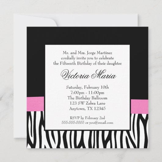 Zebra Roze Ruitenant Quinceanera Uitnodigingen (Achterkant)
