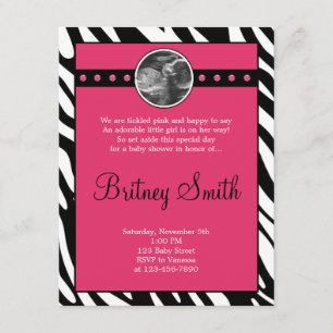 Zebra roze Sonogram Foto Baby shower Uitnodiging
