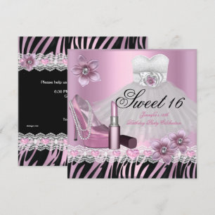 Zebra Roze Zwart Sweet Sixteen 16 Jurk Lippenstift Kaart