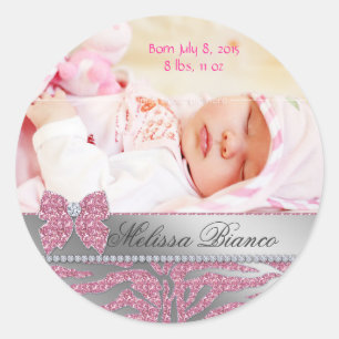 Zebra Schattigee Bow Baby Meisje Aankondiging Stic Ronde Sticker