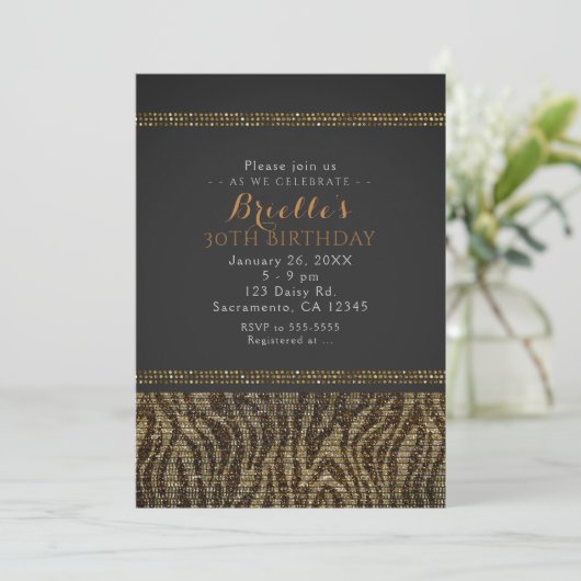 Zebra Sequins Sparkle Glam Chic Party Invitation (Debout devant)