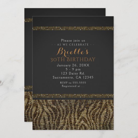 Zebra Sequins Sparkle Glam Chic Party Invitation (Devant / Derrière)