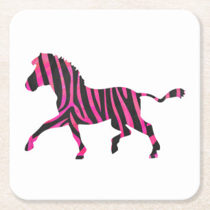 Zebra Silhouette Black en Hot Pink Print Vierkante Kartonnen Onderzetter