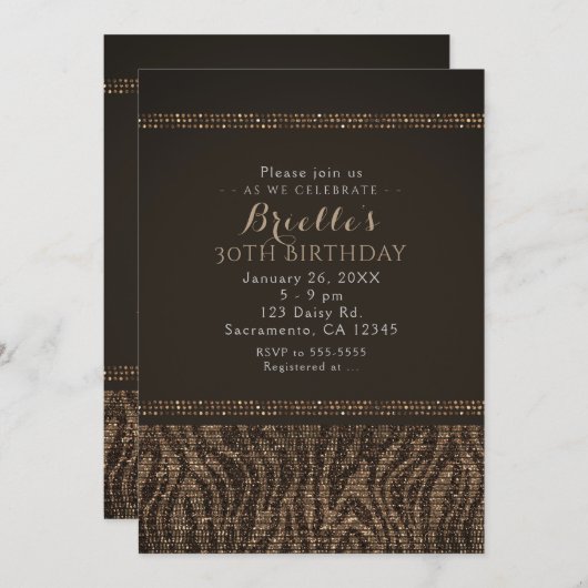 Zebra Sparkle Brown Gold Glam Party Invitations (Devant / Derrière)
