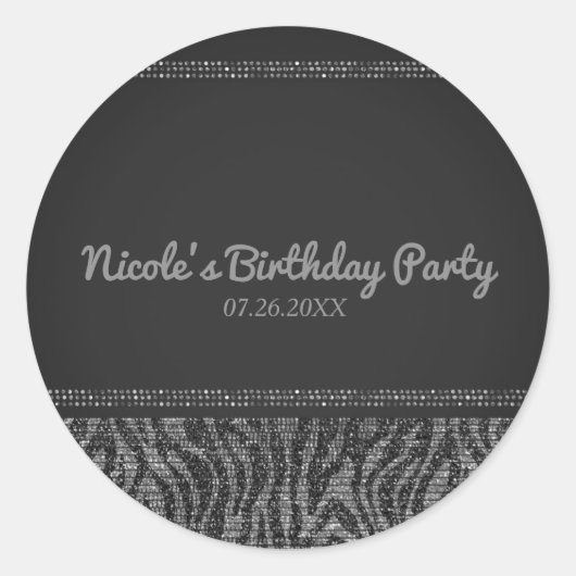 Zebra Sparkle Silver & Black Glam Party Favor Ronde Sticker (Voorkant)