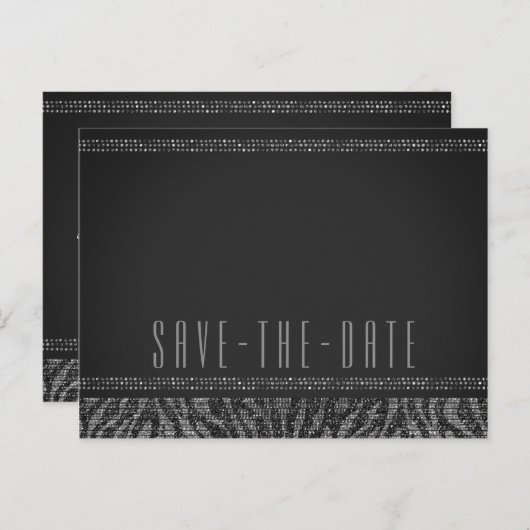 Zebra Sparkle Silver & Black Glam Save the Date Aankondigingskaart (Voorkant / Achterkant)
