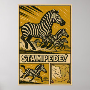 Zebra Stampede Retro Safari Kunst Poster