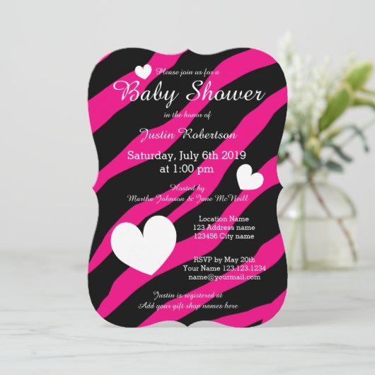 Zebra Stripe babyshower uitnodigingen met hartjes (Staand voorkant)