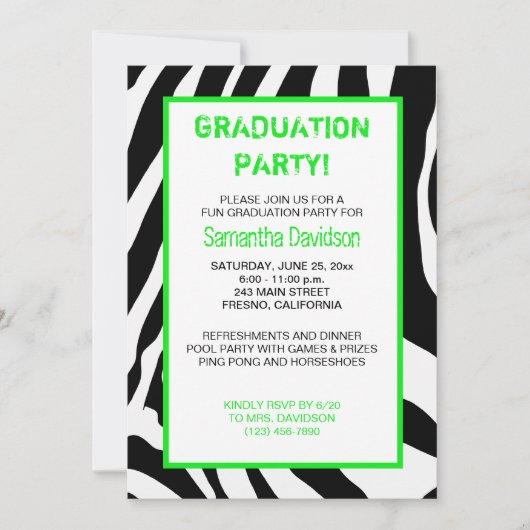 Zebra Stripe Gradupe Invitation Green (Devant)