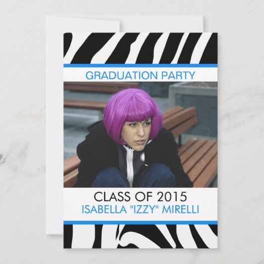 Zebra Stripe Gradupe Party Invitation Bleu (Devant)