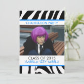Zebra Stripe Gradupe Party Invitation Bleu (Debout devant)