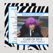 Zebra Stripe Gradupe Party Invitation Bleu (Devant / Derrière)