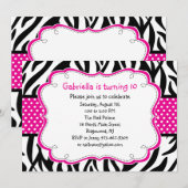 Zebra Stripe & Hot Pink Ribbon Kinder Uitnodiging (Voorkant / Achterkant)