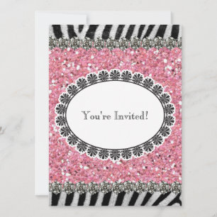 Zebra Stripe Pink Glitter Girl Birthday Uitnodigin Kaart