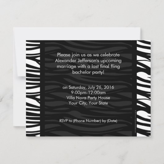 Zebra Stripe Tuxedo Bachelor Party Invitation (Dos)