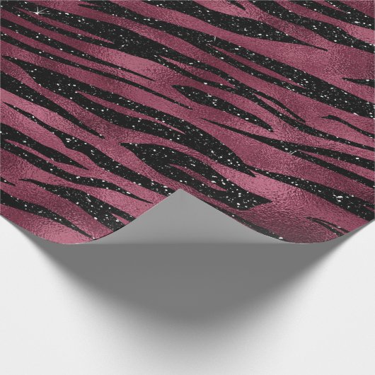 Zebra Stripes Black Marsala Glitter Burgundy Glam Cadeaupapier (Hoek)