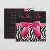 Zebra Stripes & Printed Pink Bow Birthday Party Kaart (Voorkant / Achterkant)