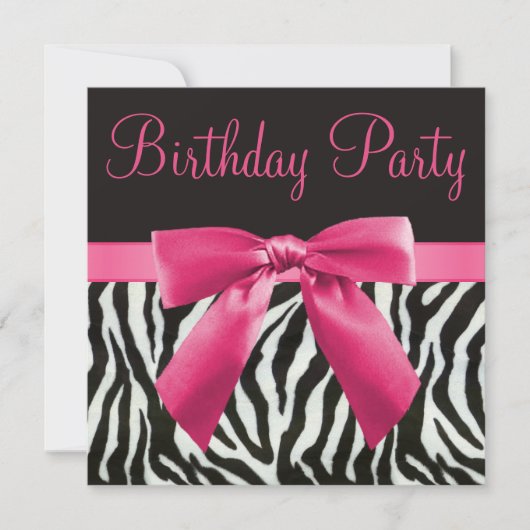Zebra Stripes & Printed Pink Bow Birthday Party Kaart (Voorkant)