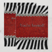 Zebra Stripes Red Leather Rhinestones (faux) Party Kaart (Voorkant / Achterkant)