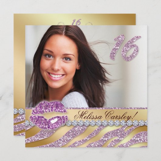 Zebra Sweet 16 Partij nodigt roze goudmakreel uit Kaart (Voorkant / Achterkant)