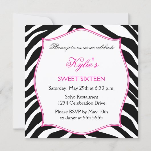 Zebra Sweet Sixteen Roze kant Bling Kaart (Achterkant)