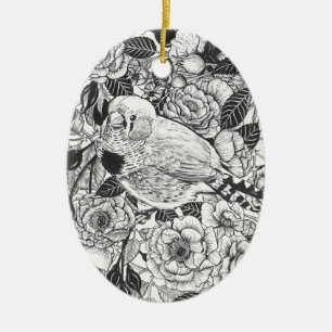 Zebra vinken en rozen struiken inkttekening keramisch ornament