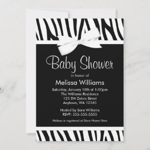Zebra White Printed Bow Baby shower Invitation Kaart