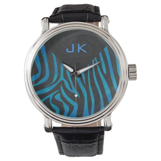 Zebra zwart en blauw met monogram horloge (Voorkant)